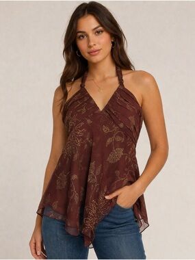 Y2K VTG BCBG MAXAZRIA 100% Silk Brown Floral Boho Whimsical Women’s Top EUC L